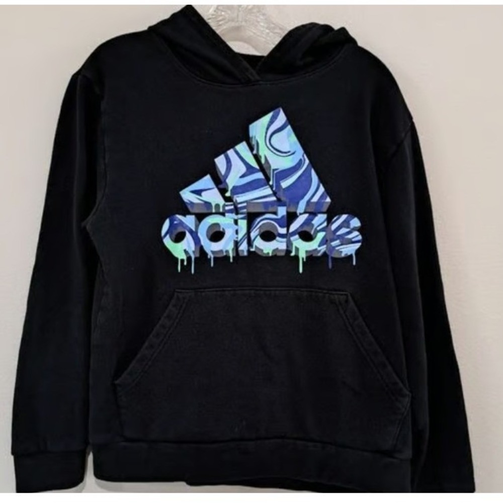 Adidas Boys Black Drip Logo Pullover Hoodie Sweatshirt‎ XL 18/20 Blue Green